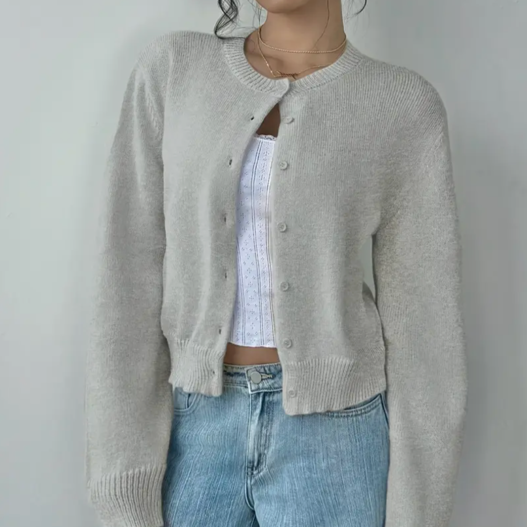 Cropped crew neck cardigan in white, black, light blue, red, yellow and gray for women