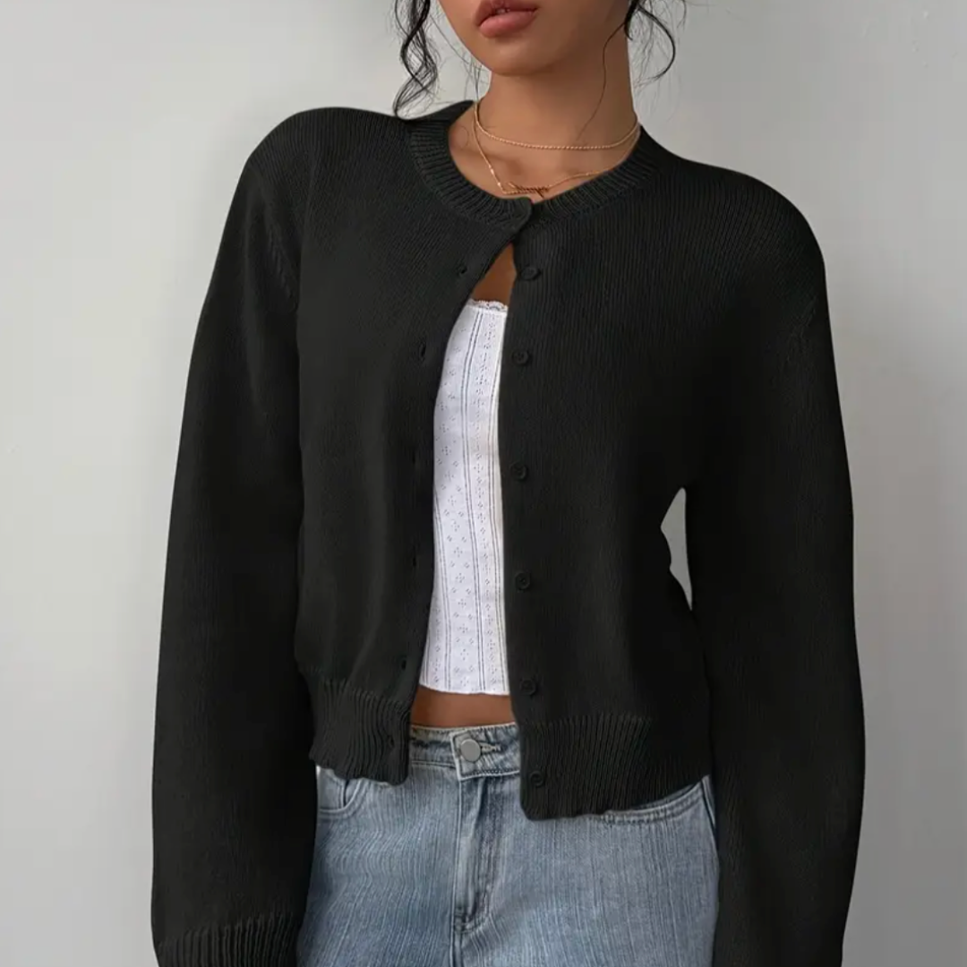 Cropped crew neck cardigan in white, black, light blue, red, yellow and gray for women
