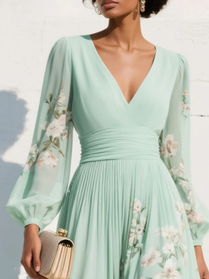 VESTIDO LARGO VERDE MENTA CON ESTAMPADO FLORAL