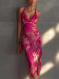 Vestido midi floral plisado con cuello drapeado