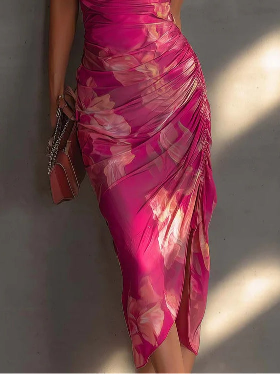 Vestido midi floral plisado con cuello drapeado
