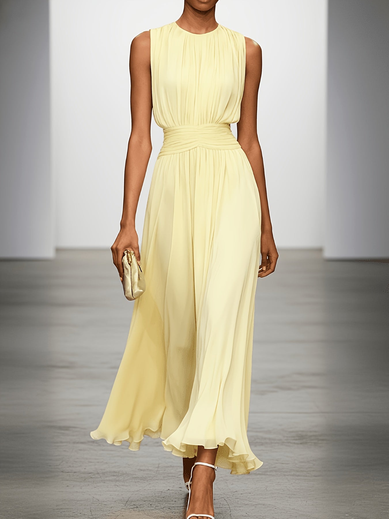 Vestido largo plisado para mujer con cintura fruncida