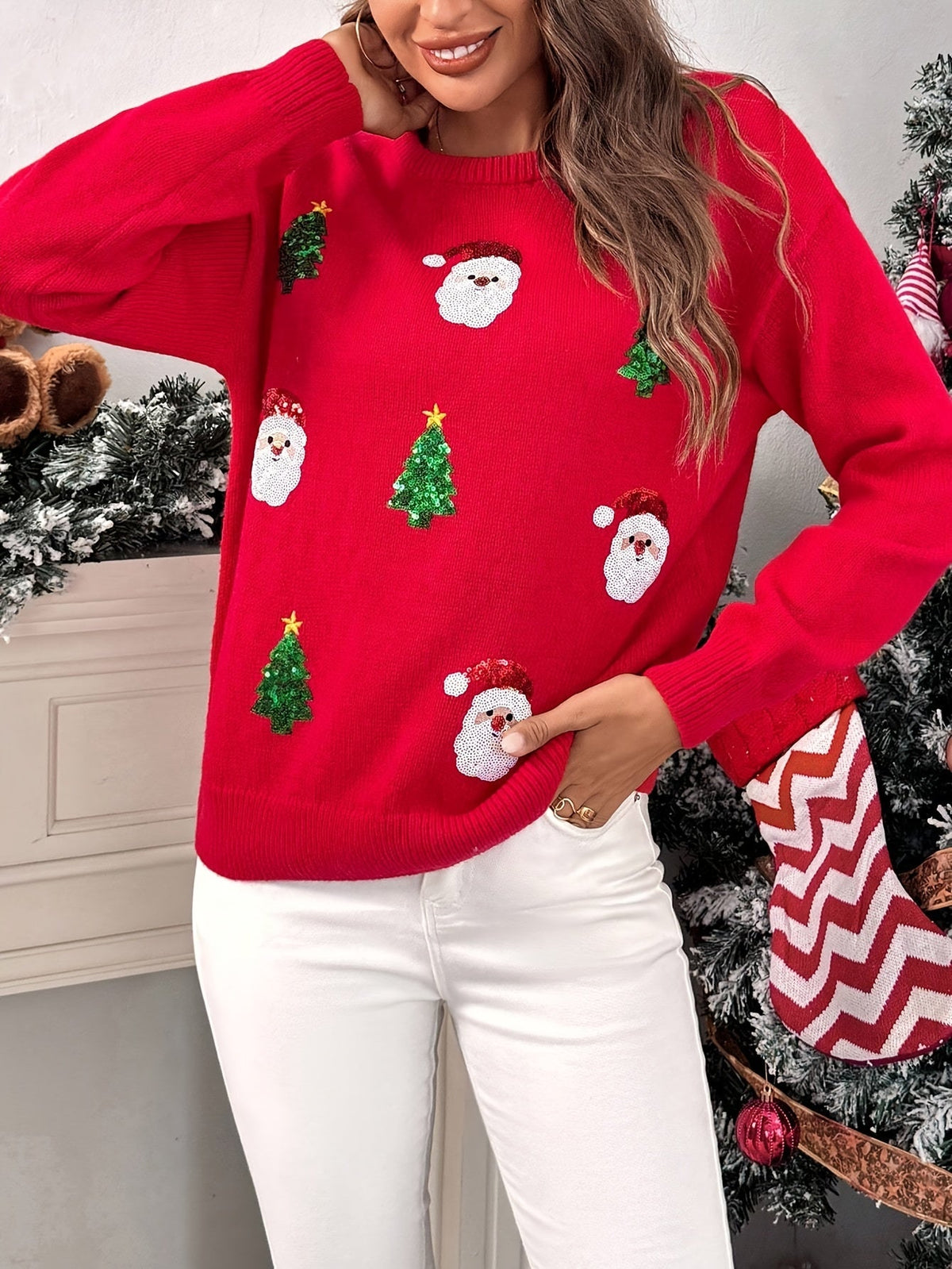 Red Christmas sweater with sequin Santa for women