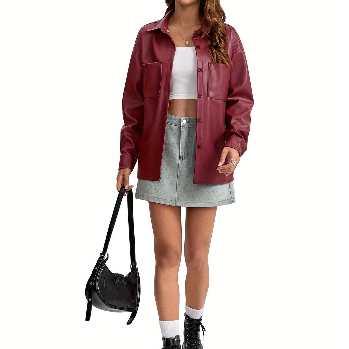 Leather-look shacket for women in brick red, light brown or black