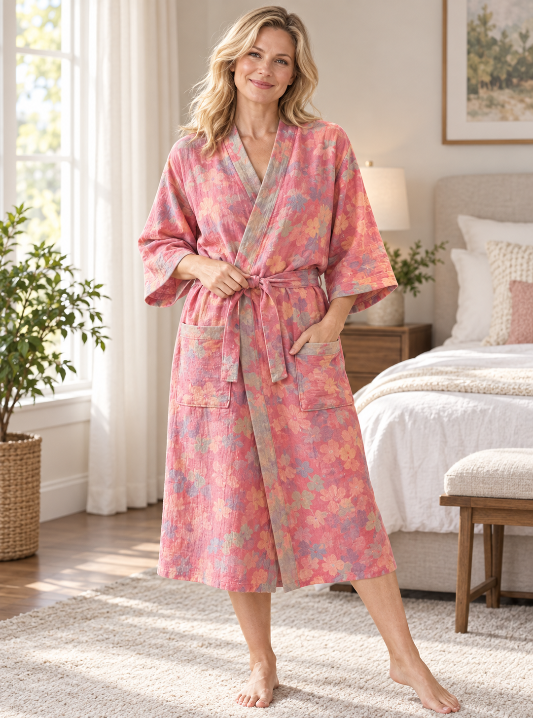 Floral cotton kimono robe for women