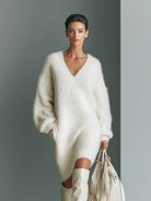 Fuzzy knit sweater dress in white for women