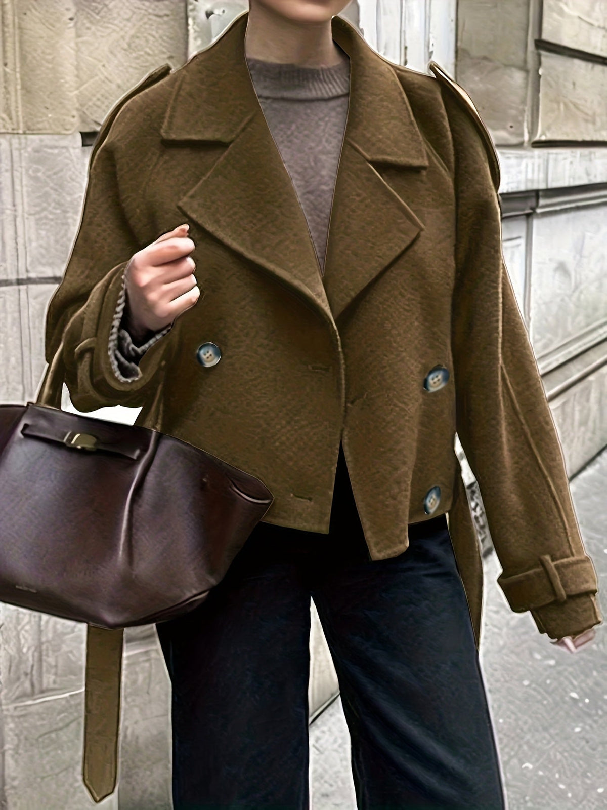 Belted oversized pea coat for women