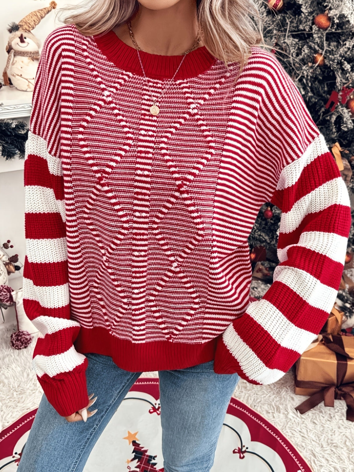 Red striped Christmas sweater with drop shoulders for women