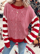 Red striped Christmas sweater with drop shoulders for women