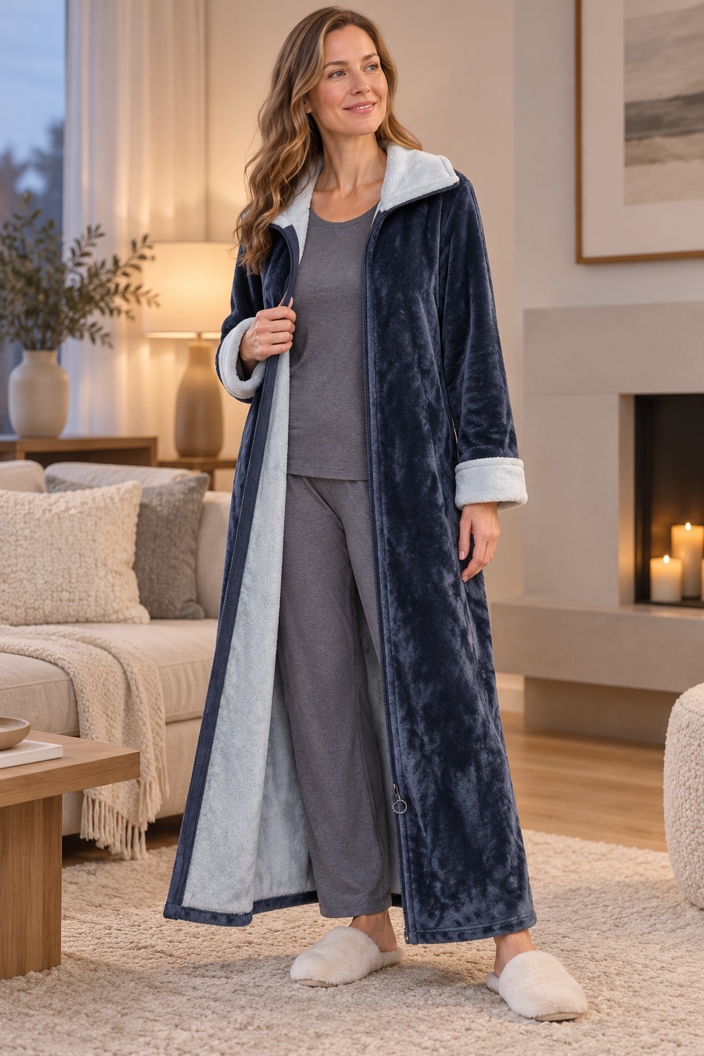 Zip-up fleece robe for women