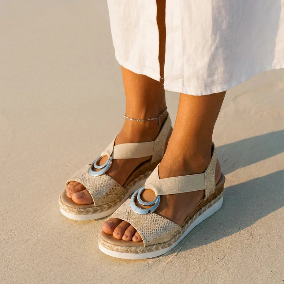 Sandalias Mujer Cuña de Corcho Correa Elástica Suela Antideslizante Transpirables Verano Ocho Colores