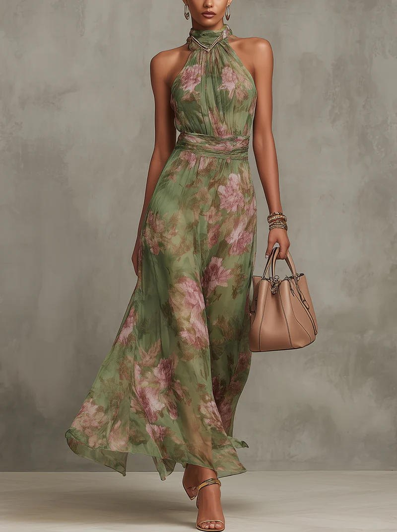 Vestido largo floral con cuello halter cruzado