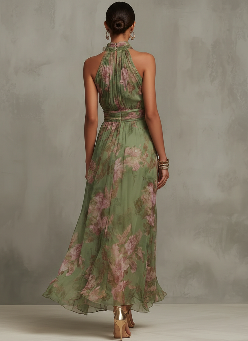 Vestido largo floral con cuello halter cruzado