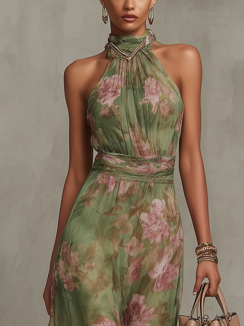 Vestido largo floral con cuello halter cruzado