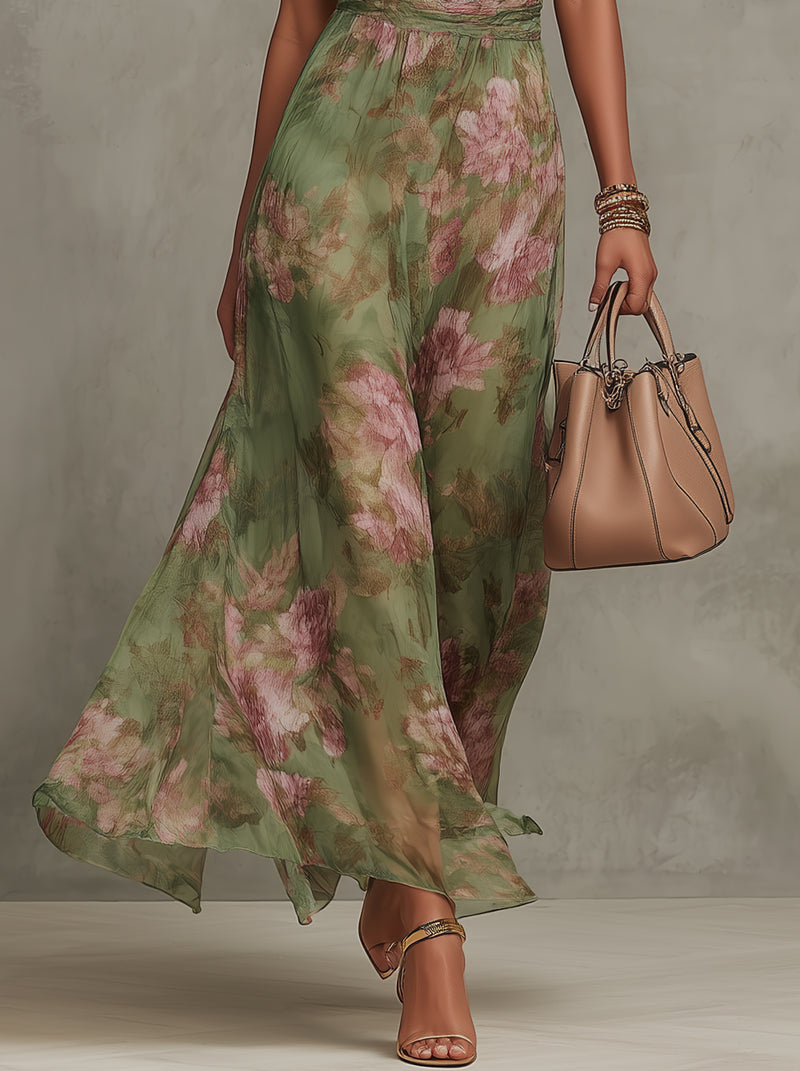 Vestido largo floral con cuello halter cruzado
