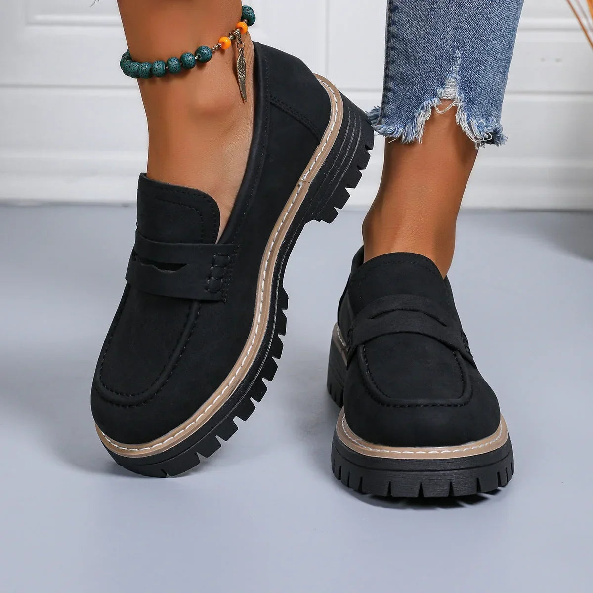 Wide fit suede-look chunky loafers for women
