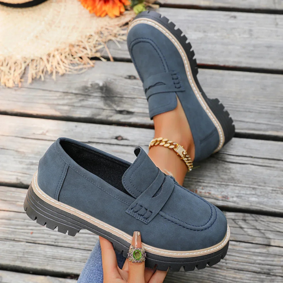 Wide fit suede-look chunky loafers for women