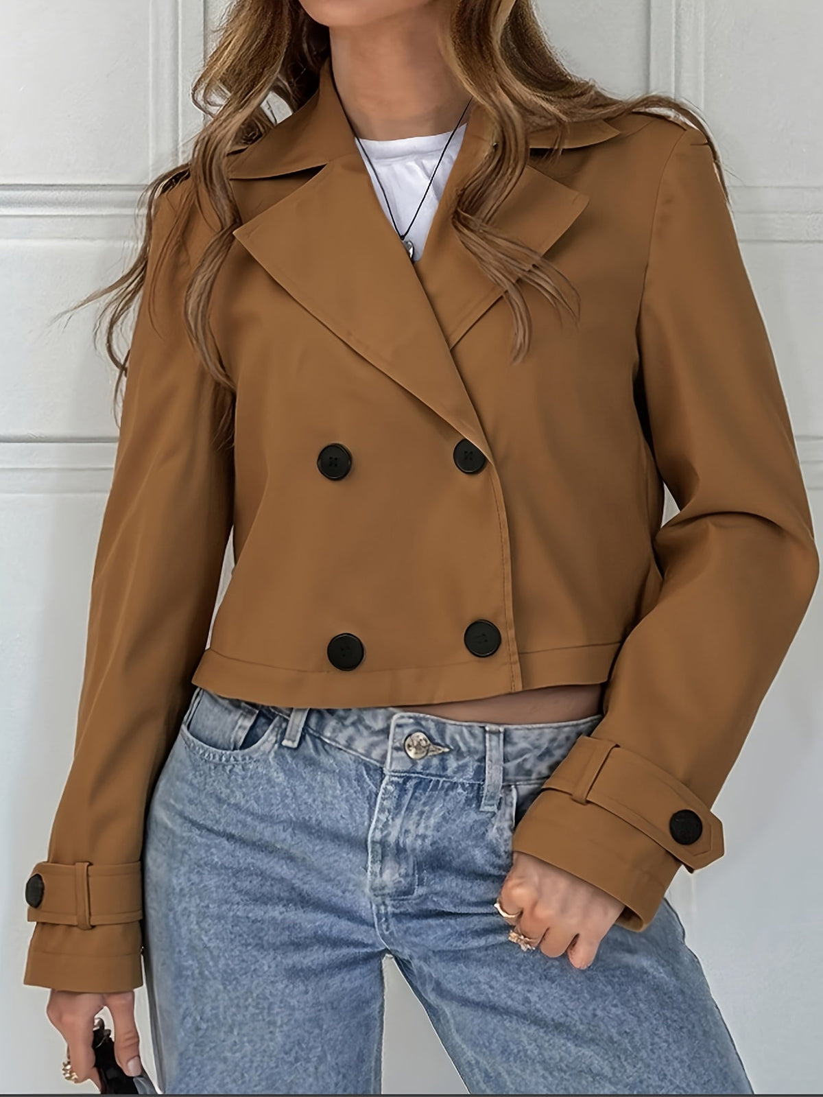 Button tab cropped pea coat for women