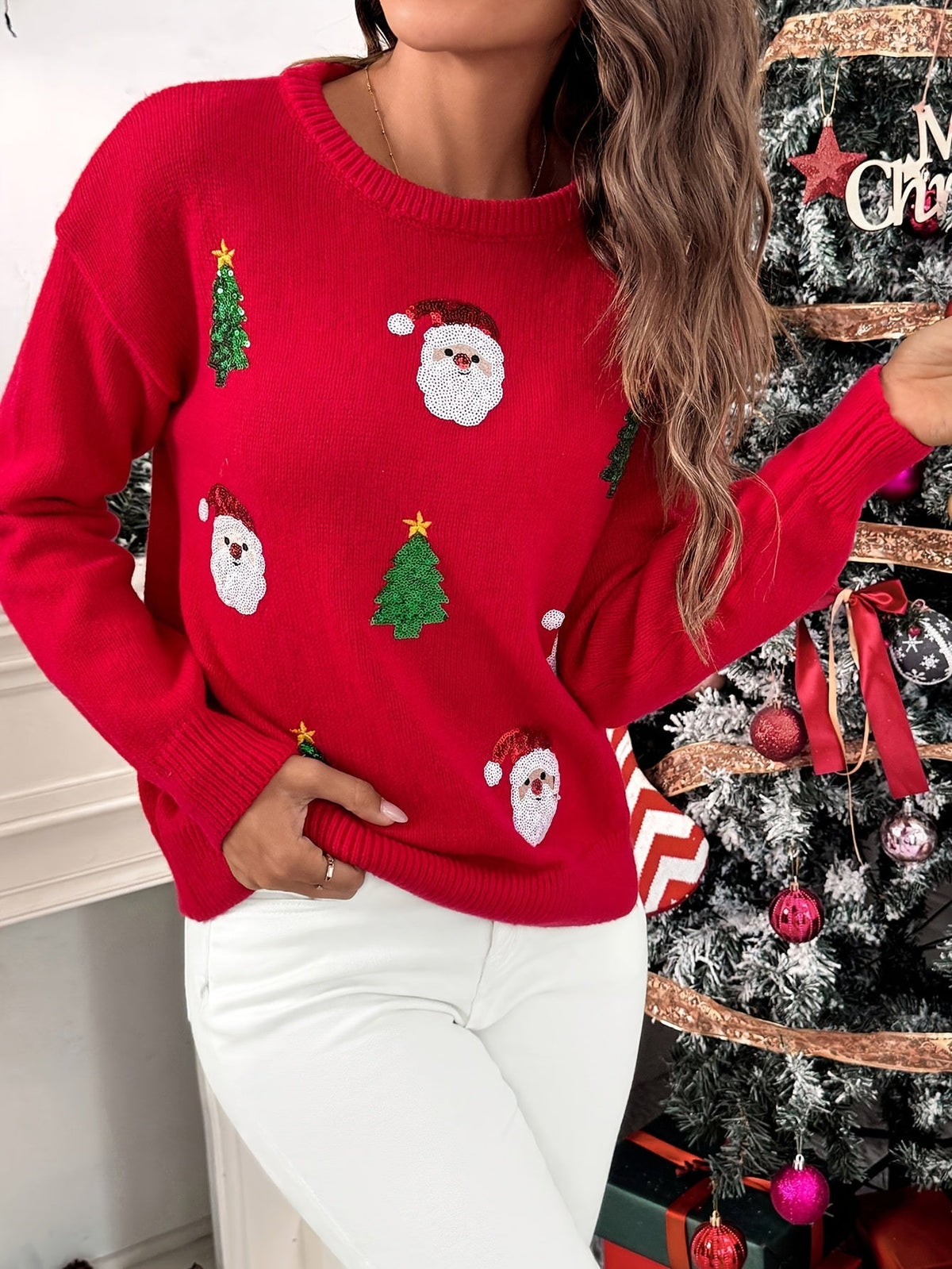 Red Christmas sweater with sequin Santa for women