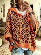 Oversized leopard batwing knit hoodie for women
