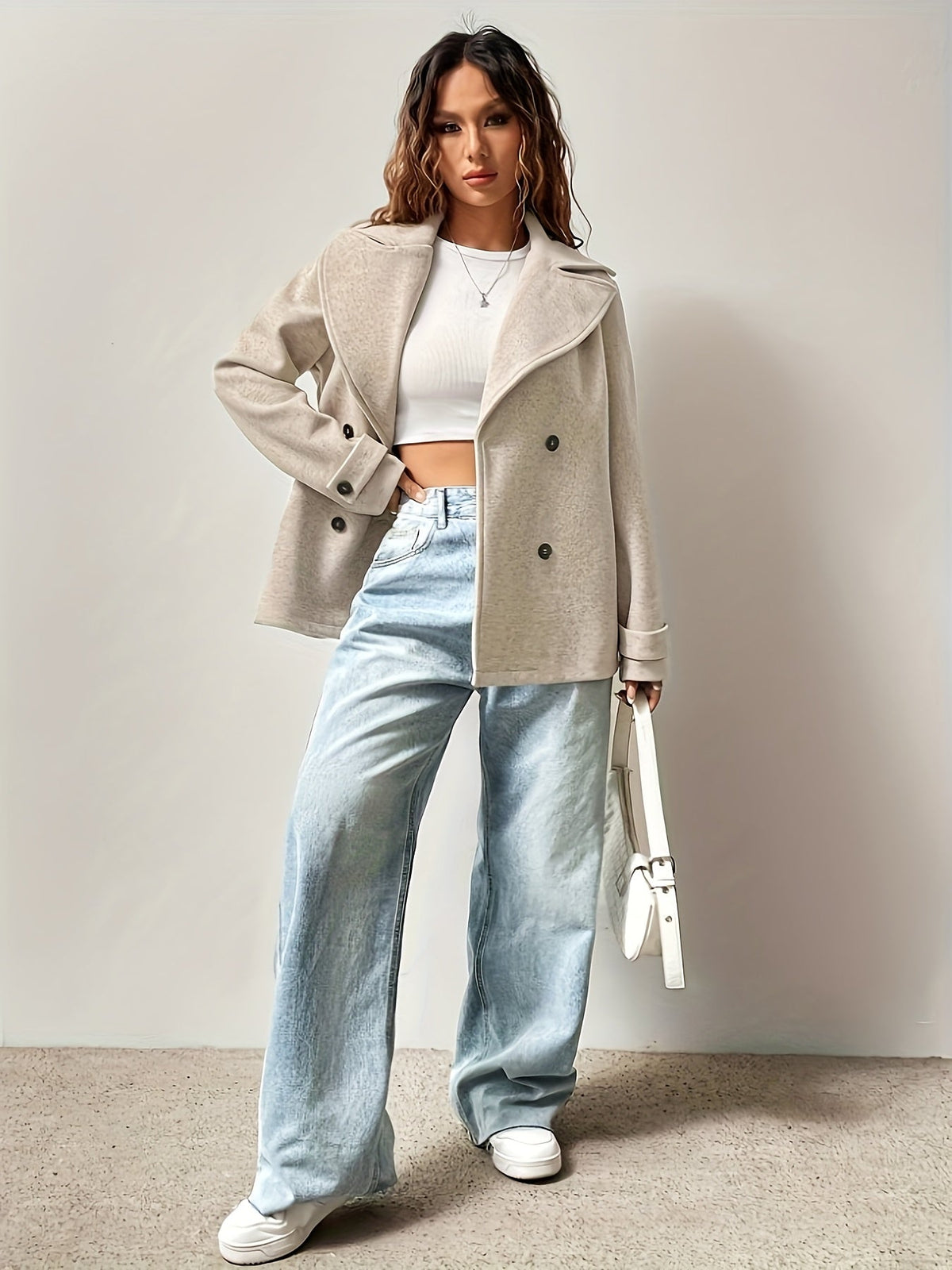 Heathered wool blend pea coat for women