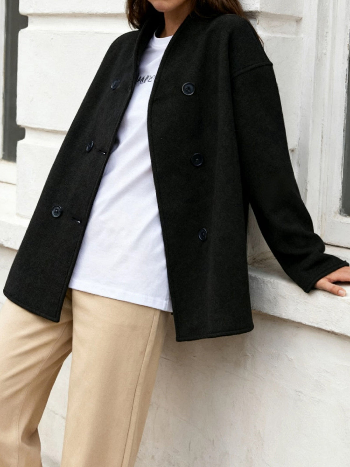 Cropped stand collar pea coat for women