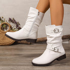 Black slouchy mid-calf double buckle boots for women