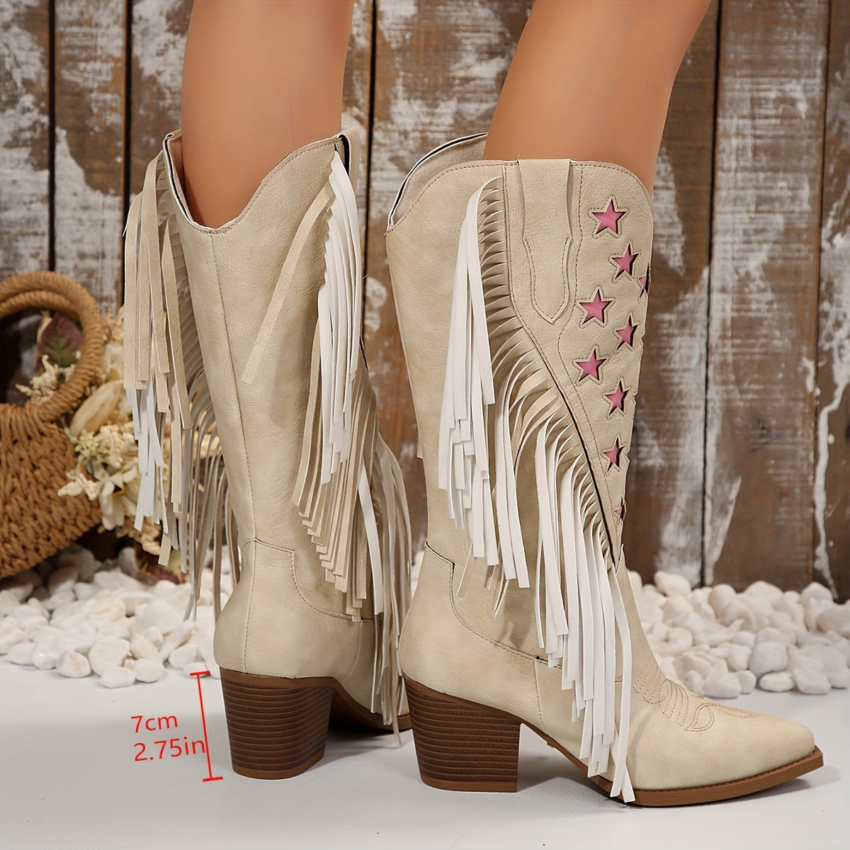 Beige knee-high fringe cowboy boots for women