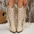 Beige knee-high fringe cowboy boots for women