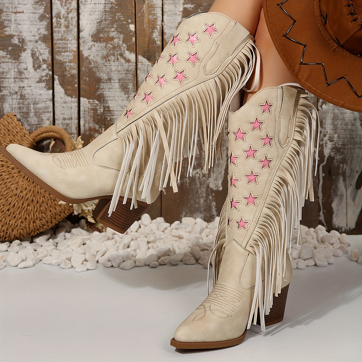Beige knee-high fringe cowboy boots for women