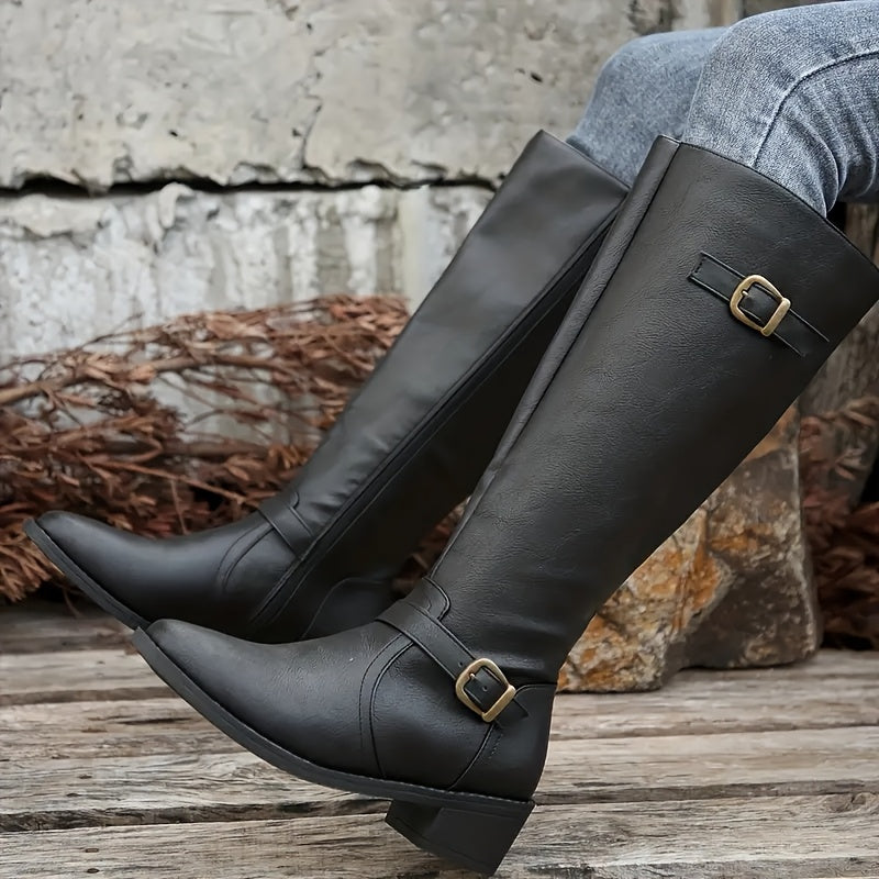 Double buckle knee-high boots for women