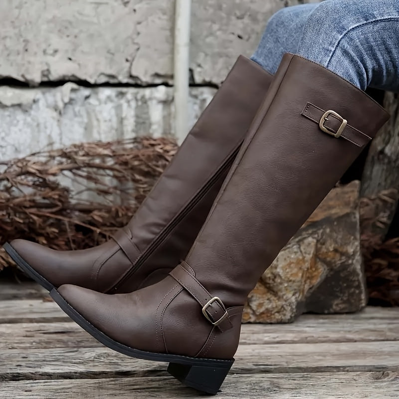 Double buckle knee-high boots for women