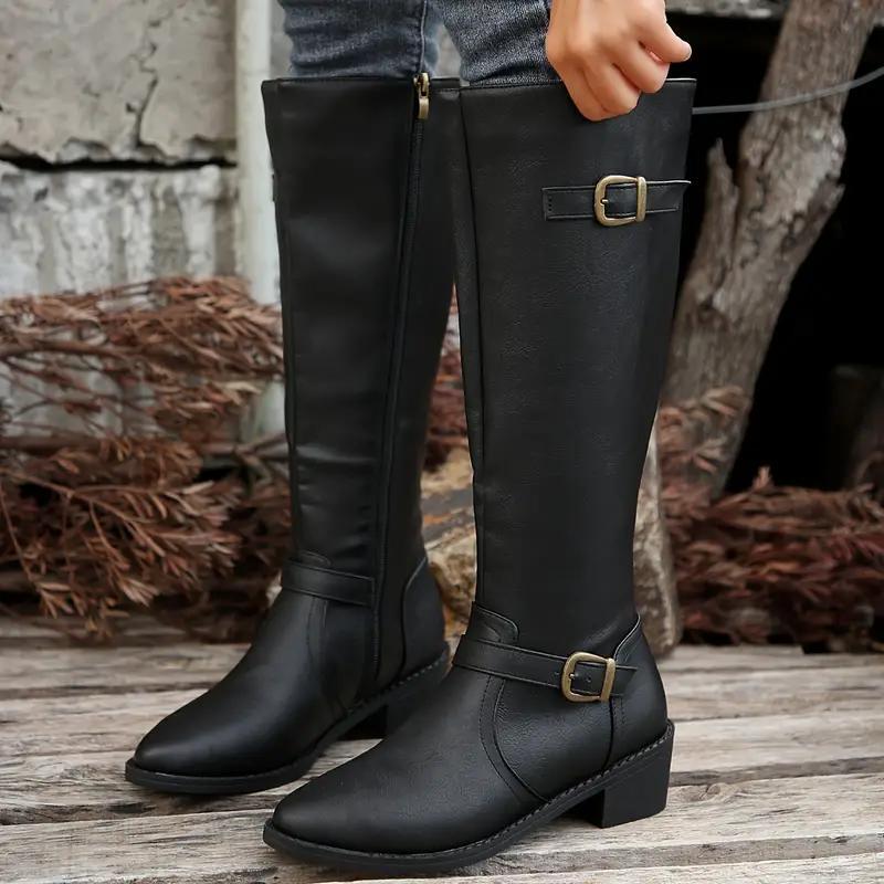 Double buckle knee-high boots for women