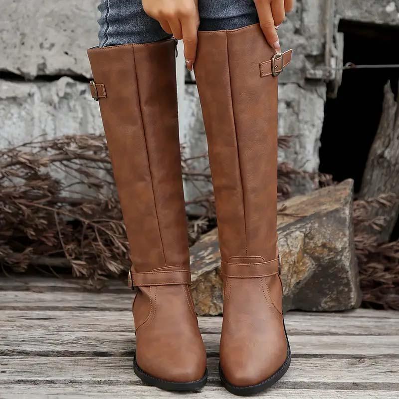 Double buckle knee-high boots for women