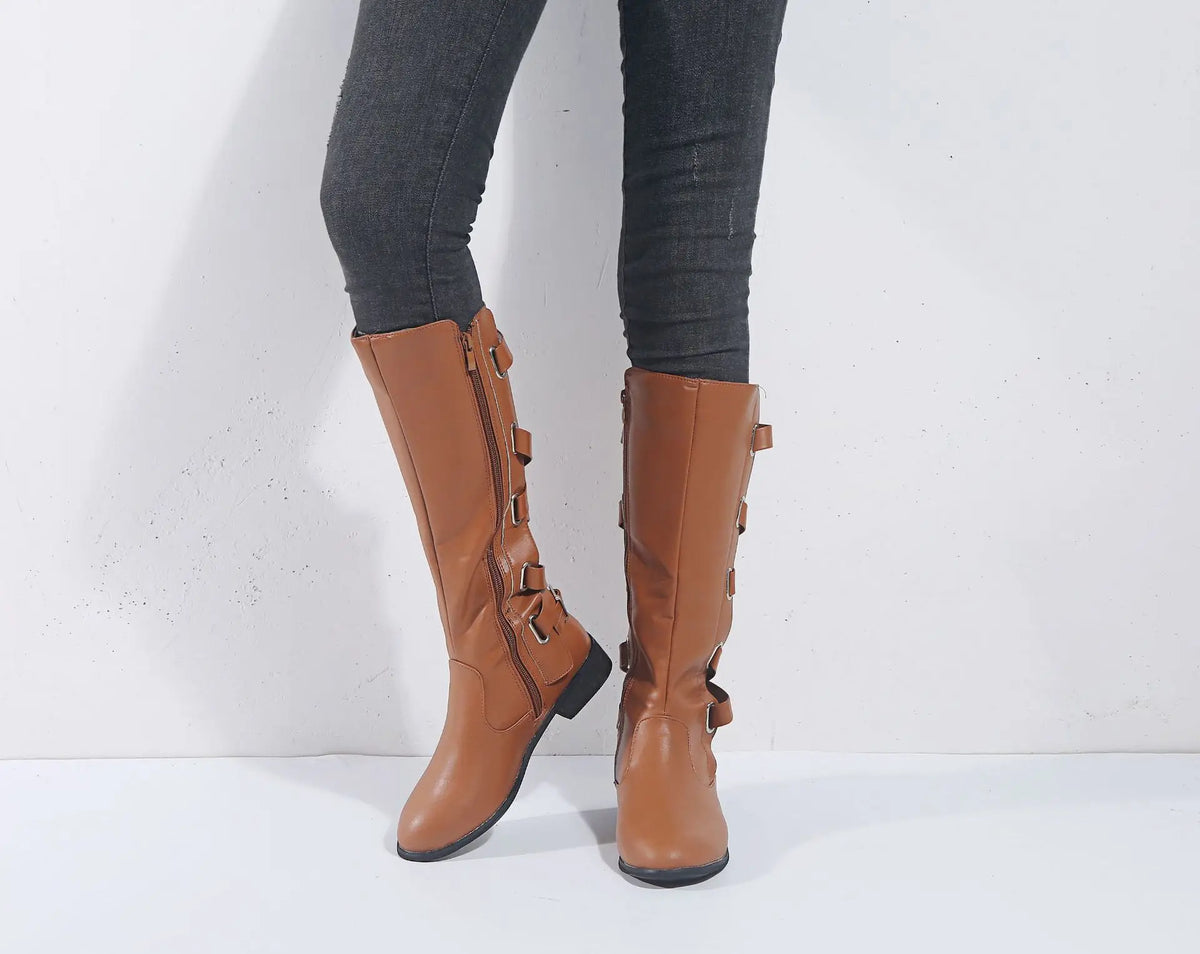 Buckle knee-high riding boots for women