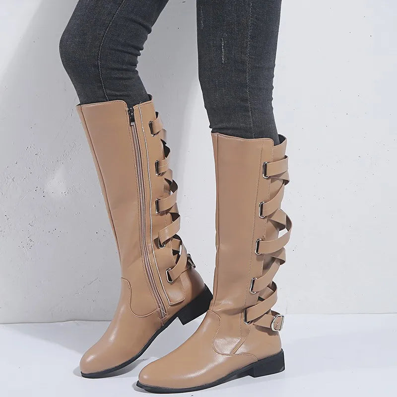 Buckle knee-high riding boots for women