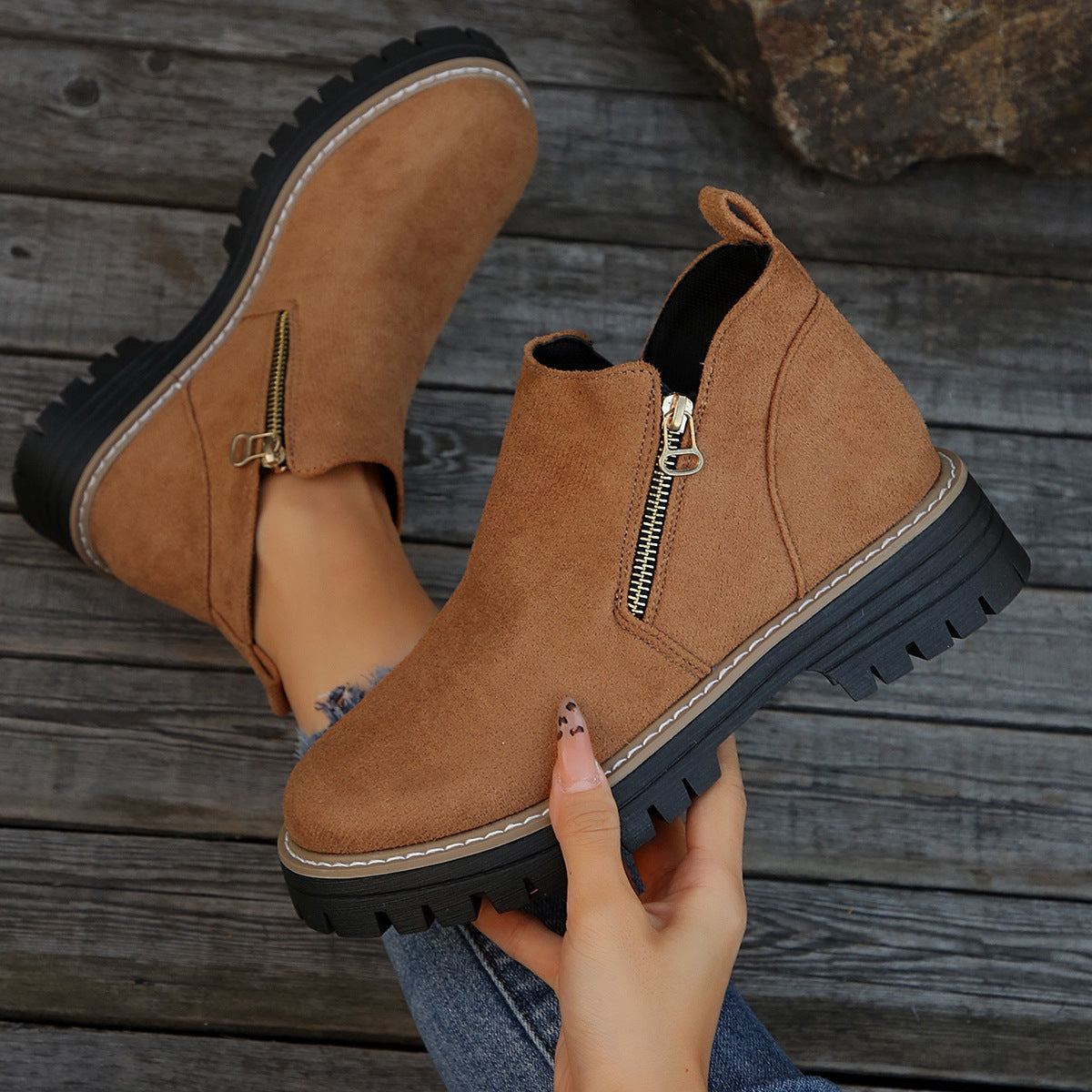 Side zip platform ankle boots for women