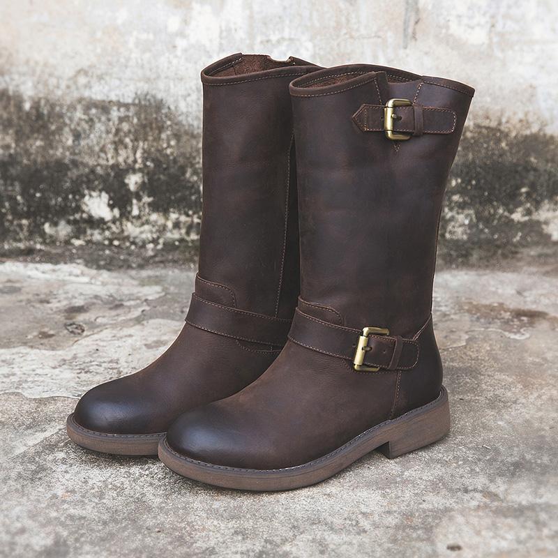 Buckle mid-calf riding boots for women