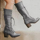 Lace-up knee-high boots in black, gray, brown or khaki for women