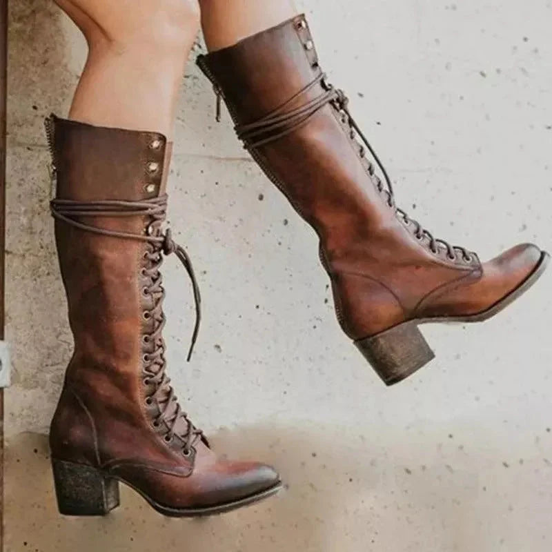 Lace-up knee-high boots in black, gray, brown or khaki for women