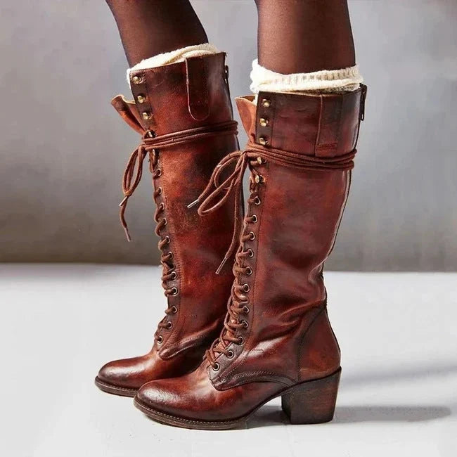 Lace-up knee-high boots in black, gray, brown or khaki for women