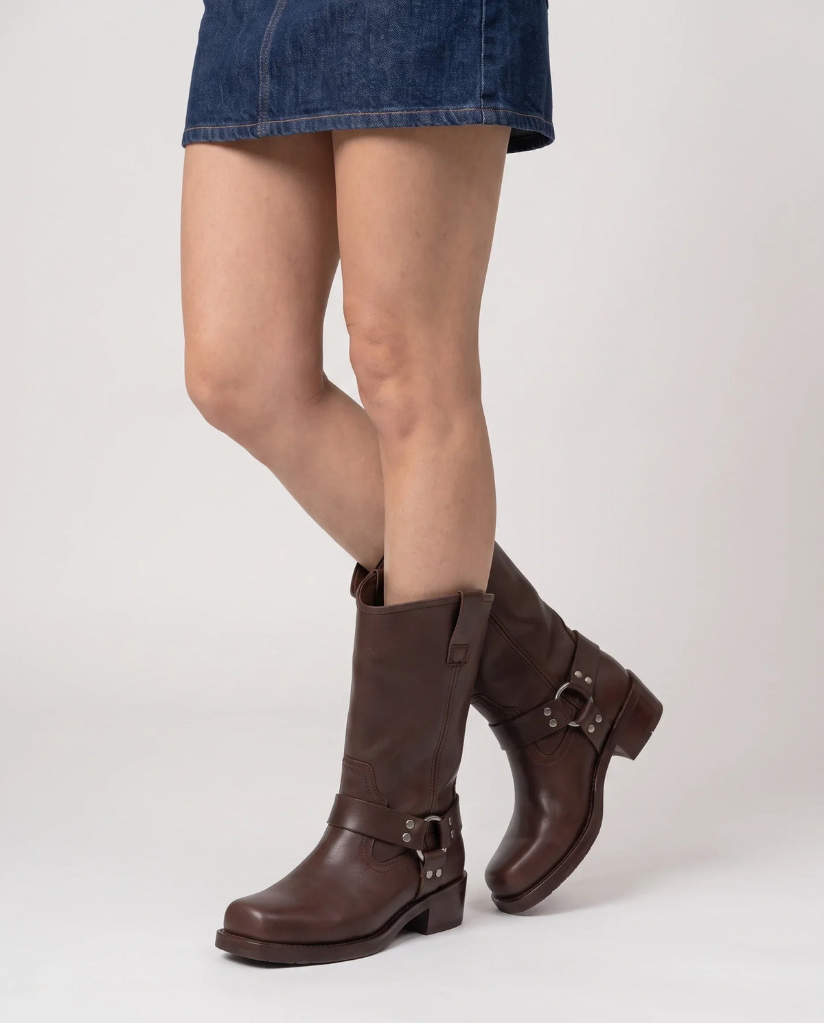 Square heel mid-calf biker boots for women