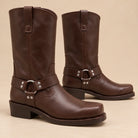 Square heel mid-calf biker boots for women