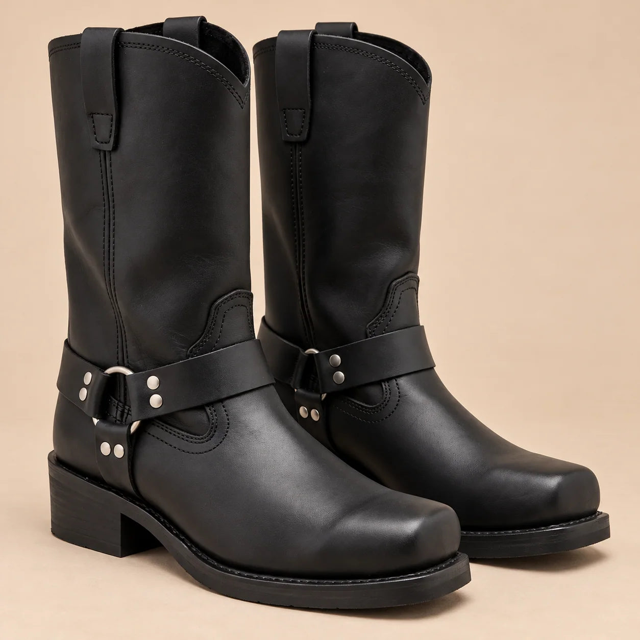 Square heel mid-calf biker boots for women