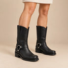 Square heel mid-calf biker boots for women