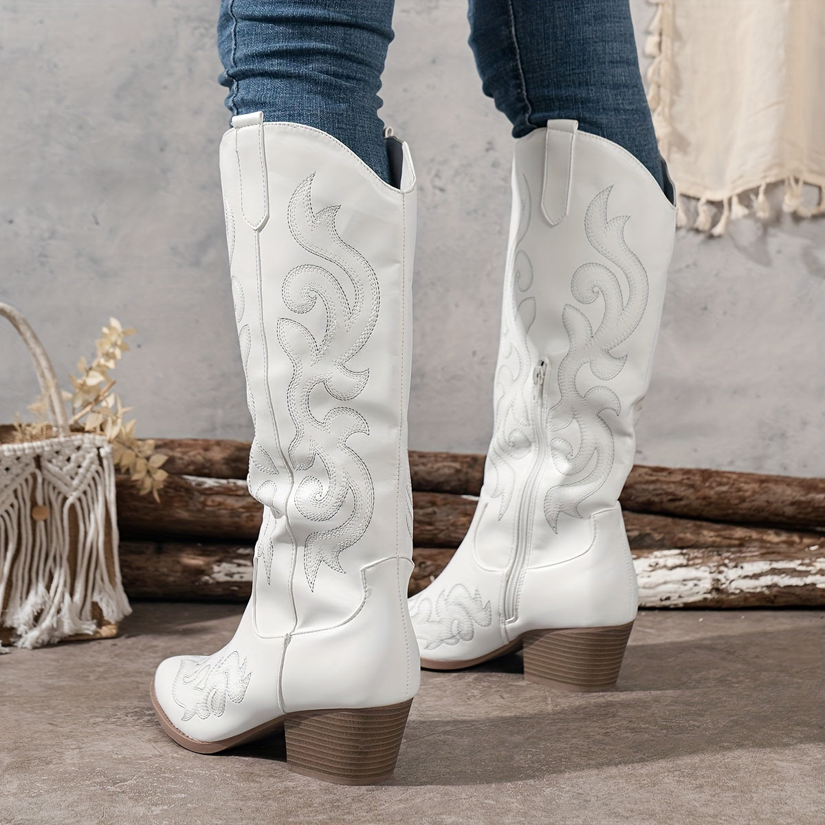 Embroidered knee-high cowboy boots for women