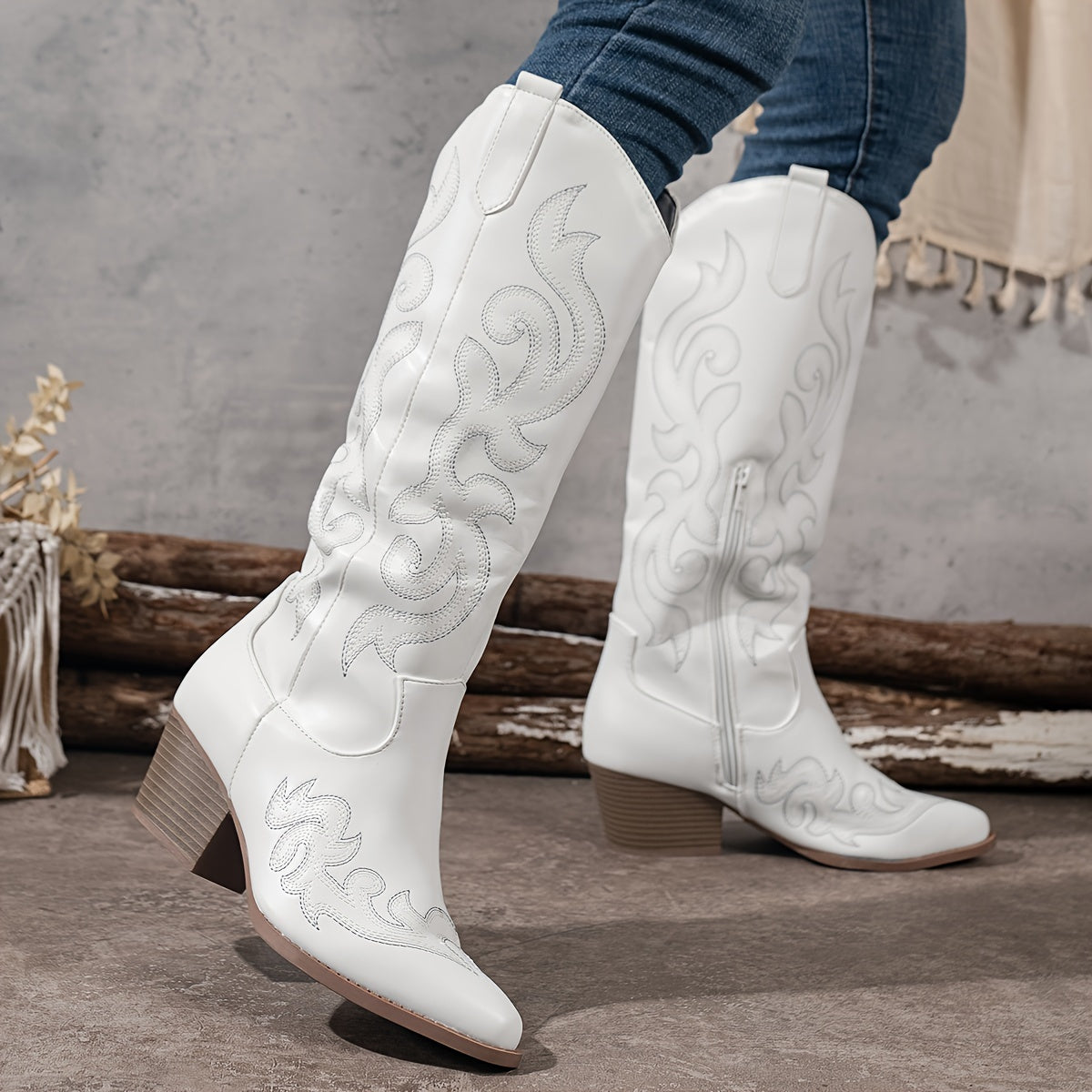 Embroidered knee-high cowboy boots for women