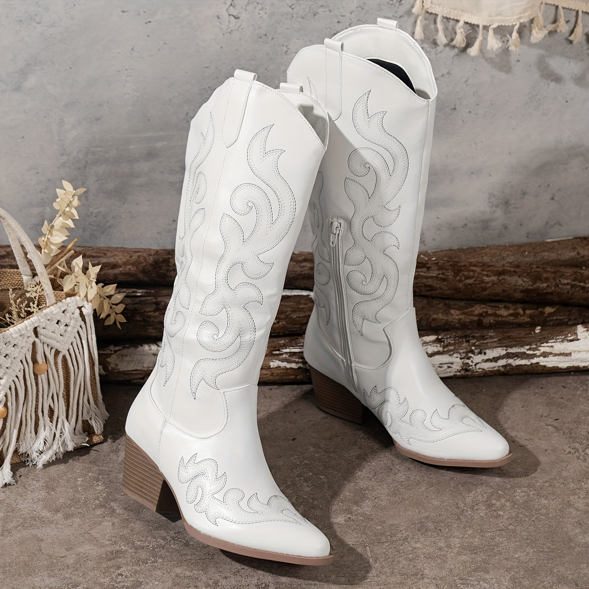 Embroidered knee-high cowboy boots for women