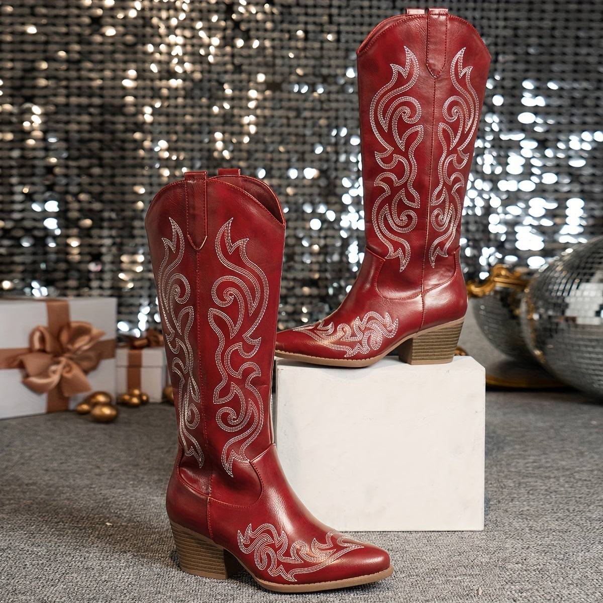 Embroidered knee-high cowboy boots for women