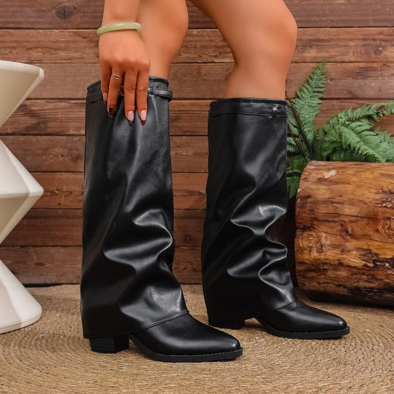 Pointed toe knee-high slouch boots for women